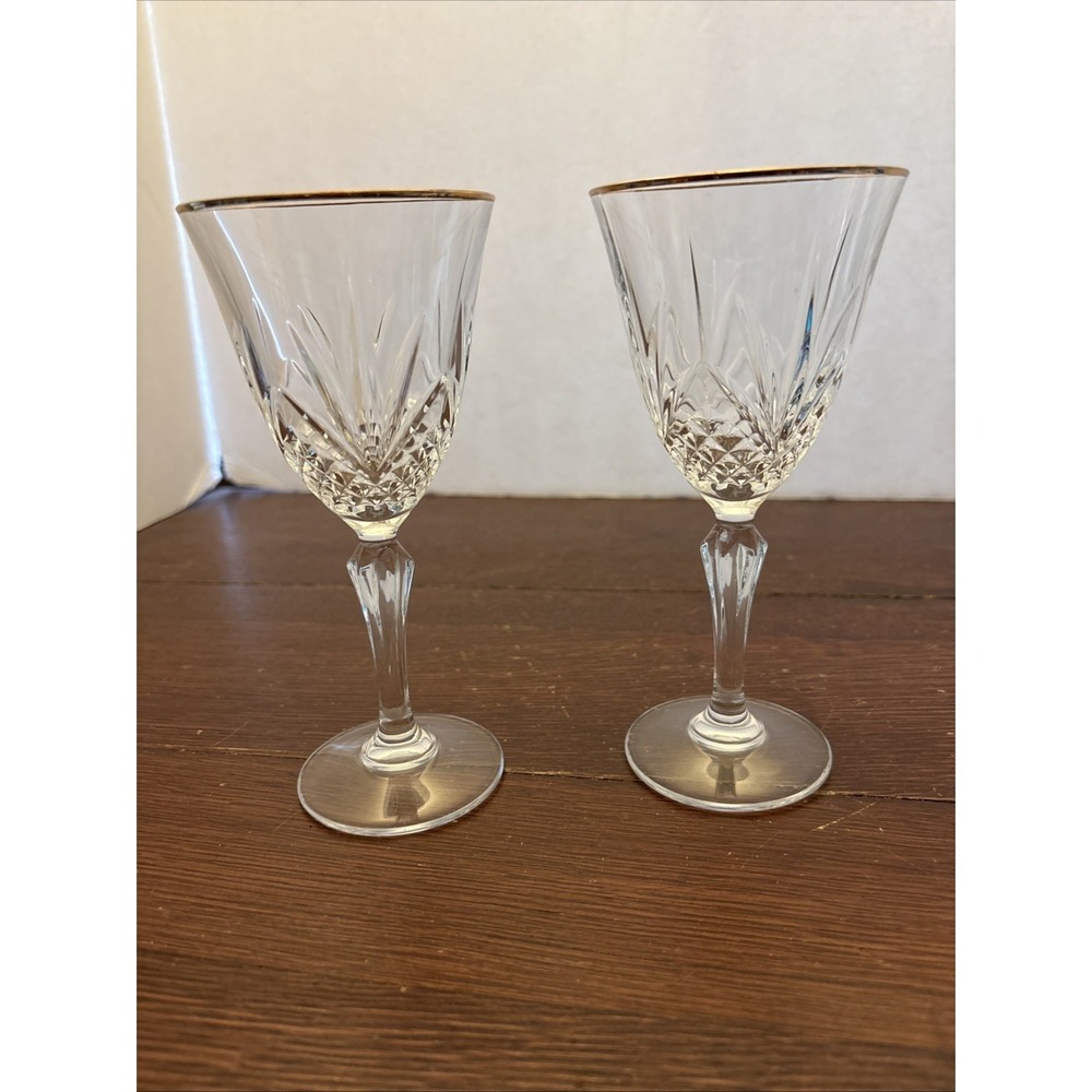 French‎ Crystal Wine Glasses Cristal De Flandre Vintage Set 2 Gold Rim EUC